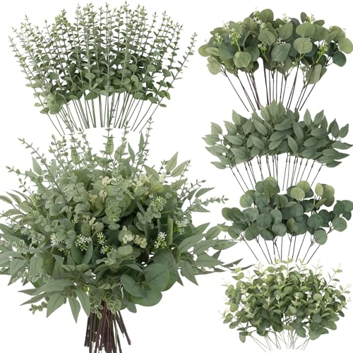 lovemoon 130 Pcs Artificial Mixed EucalyptusStems Bulk, 5 Kinds of Faux GreeneryEucalyptus Leaves Bulk for Vase Wedding DIY Bouquets Floral Arrangement Home Decor (130, Green) - color: Green