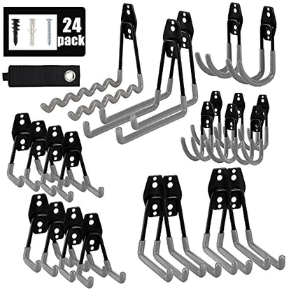AOBEN 24PCS Garage Hooks, Heavy Duty Double Garage Hanger Organizer Wall Mount Iron Anti-Slip Garage Storage Hooks for Ladder, Power Tool,Bike,Ropes（23 Hooks & 1 hoder Strap-Gray - size: 24PCS GR