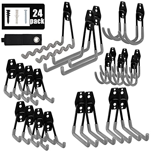 AOBEN 24PCS Garage Hooks, Heavy Duty Double Garage Hanger Organizer Wall Mount Iron Anti-Slip Garage Storage Hooks for Ladder, Power Tool,Bike,Ropes（23 Hooks & 1 hoder Strap-Gray - size: 24PCS GR