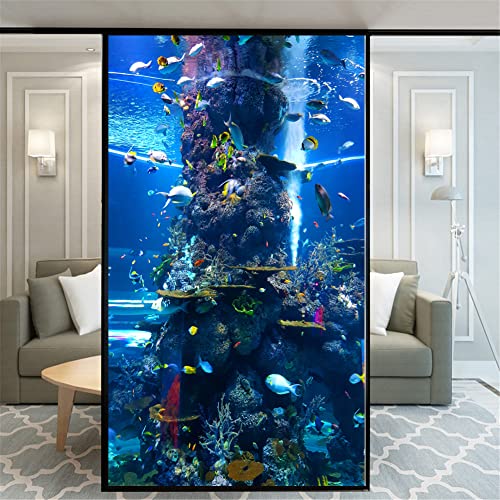 No Glue Window Film Privacy Aquarium Picture 110K Decorative Frosted Glass Door Window Covering Window Decals Window Sticker for Home Office 55x80cm(21.6"x31.5") - size: 55x80cm(21.6"x31.5")