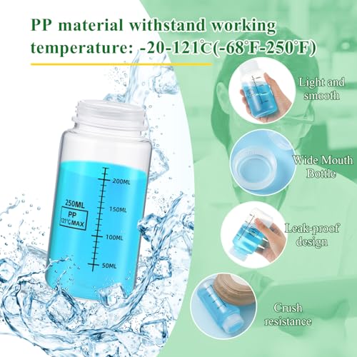 Tatuo 12 Pcs 8oz 250 ml Plastic Sample Bottles with Screw Cap, Liquid Containers with Lid for Lab Reagent Sample Medicine Pill Water Storage, Travel Bottles(Clear,Wide Mouth-Dark Scale)