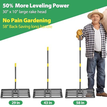 Lawn Leveling Rake, 5 FT Yard Leveler with 30 x 10 Wide Large Rakes Head for Smooth Garss Soil Sand Dirt, High Effect Ground Leveling Tool with Round Edge for Landscape Golf Course, No Flip - style: 5 FT
