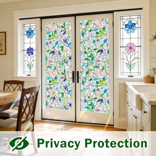 Stained Glass Window Film, Rainbow Privacy, One Way Decorative Tint, Static Cling, Renter Friendly for Home Bathroom Door