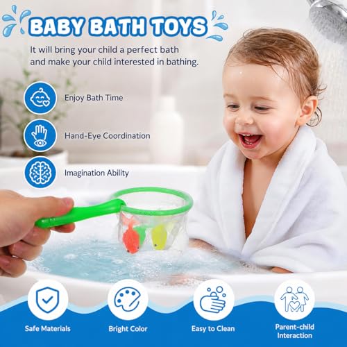TOYANDONA Bath Toys for Toddlers - Bathtub Toys Fishing Net with 6pcs Floating Fish for Kids Babies Water Play Swimming Pool Bath Shower Fishing Game (Random Color)