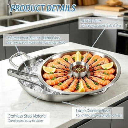 2 Set 12 Inch Chilled Serving Trays for Parties, Shrimp Cocktail Serving Dish with Ice Tray, Stainless Steel Chilled Party Platter, Cooling Charcuterie Serving Board for Fruits Veggies Buffet Parties