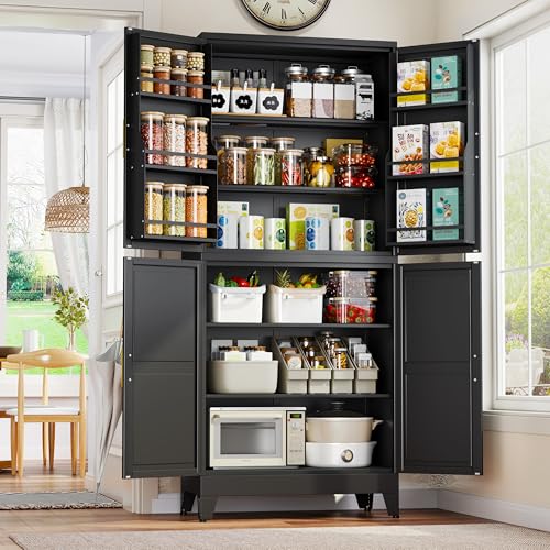 74.8" Tall Metal Food Cabinet, Black Kitchen Pantry Cabinet, Storage Cabinets with 4 Door and 4 Adjustable Shelves, Steel Freestanding Cupboard for Kitchen Dining Room Living Room Bathroom - color: Black-4d, size: 15.75"D x 31.5"W x 74.8"H