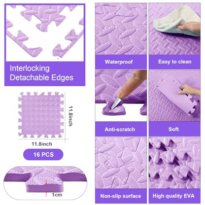 Shihanee 16 Foam Floor Interlocking Tiles, 11.8 x 11.8 Inch, Purple - color: Purple