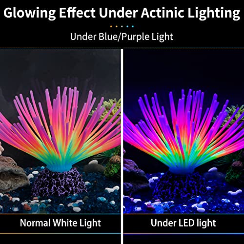 Uniclife Aquarium Imitative Rainbow Sea Urchin Ball and Pink Strip Coral Plant Ornament Artificial Silicone Ornament with Glowing Effect for Fish Tank Landscape Decoration