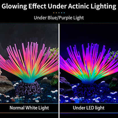 Uniclife Aquarium Imitative Rainbow Sea Urchin Ball and Pink Strip Coral Plant Ornament Artificial Silicone Ornament with Glowing Effect for Fish Tank Landscape Decoration