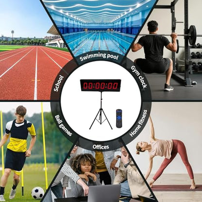Gym Timer Clock with Start/Stop Button, Race Timing Clock with Tripod, 12/24H Digital Wall Clock for Home Gym Tabata, HIIT, Running Events