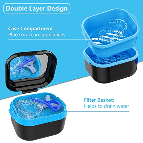 Denture Case with Mirror, Leakproof Retainer Box with Strainer Basket - color: Black Blue