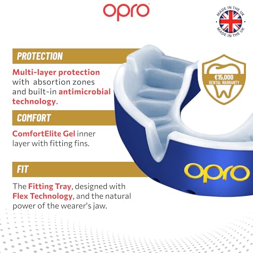 OPRO Gold Level Moldable Mouth Guard, Premium Fit (Blue/Pearl) Adult & Kids - color: Dark Blue/Pearl, size: Adult (Age 10+)