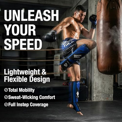 Green Hill IMMAF Shin Guards for MMA, Muay Thai & Kickboxing - color: Black/Blue, size: Small