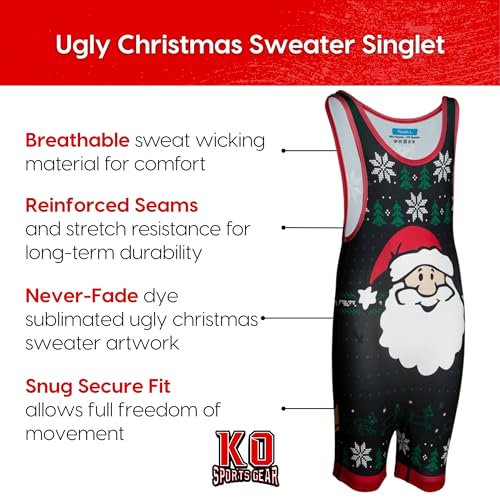 KO Sports Gear Adult Wrestling Singlets, Funny & Holiday Designs, XS-3XL - color: Ugly Christmas Sweater, size: Small