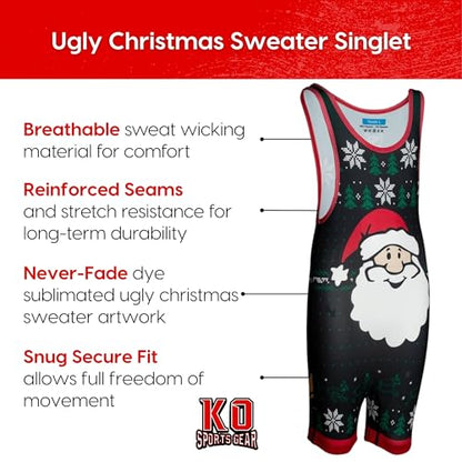 KO Sports Gear Adult Wrestling Singlets, Funny & Holiday Designs, XS-3XL - color: Ugly Christmas Sweater, size: Small