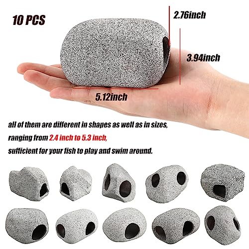 10 Pieces Aquarium Hideaway Rock Cave Stackable Fish Tank Decorations for Aquatic Pets to Breed, Play and Rest, Ceramic Shelters for Small Fish, Betta Cave Shrimp Habitat, Breeding Tube (Rustic)