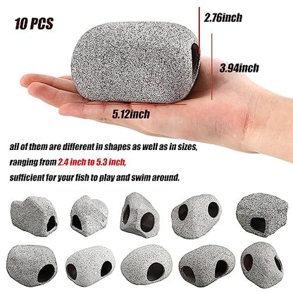 10 Pieces Aquarium Hideaway Rock Cave Stackable Fish Tank Decorations for Aquatic Pets to Breed, Play and Rest, Ceramic Shelters for Small Fish, Betta Cave Shrimp Habitat, Breeding Tube (Rustic)