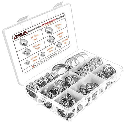 LOKMAN Stainless Steel Hose Clamp Assortment Kit- 60 Pieces, Adjustable 1/4''- 1-1/2'' (6-38mm) Worm Gear Metal Fuel Line Clamp for Plumbing, Automotive And Mechanical Applications - size: Assortment Kit 1