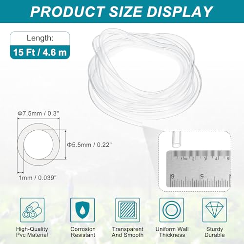 uxcell Clear PVC Tubing, 5.5mm ID x 7.5mm OD - 15ft PVC Tube Lightweight Vinyl Hose, Transparent Flexible Plastic Water Tubing for Air Oil Water Transfer Aquarium Irrigation - size: 5.5mm ID x 7.5mm OD