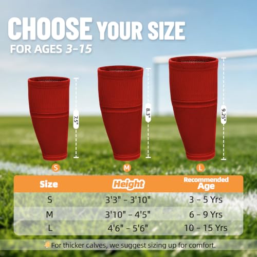 Shin Guard Sleeves 2 Pairs, Soccer Sleeves for Kids & Youth Ages 3-15 - color: Red, size: M (3'10''-4'5''/6-9Y)