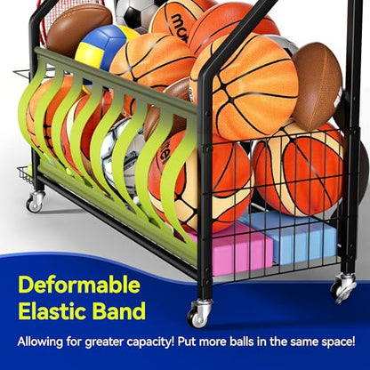 Sports Equipment Organizer, Large Capacity Garage Ball Storage Rack | Heavy-Duty Rolling Ball Cart with Locking Wheels for Basketball, Soccer & Sports Gear