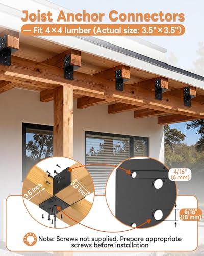 4 Pack Heavy-Duty Post Cap Tie Brackets- 4x4 Post Anchor & Joist Connector Kit Without Screws, Secure Wood Beam to Decks, Gazebos, Porches (Black-4 Pcs)