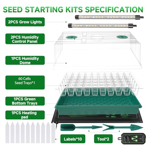 Seed Starter Tray with Grow Light and Thermostat Controller Heat Mat, 10"x 20.75" Heat Mats for Plant Growing，68-113°F Adjustable，Color Change Grow Lights，Germination Trays Kits (Green, 60 Cells)