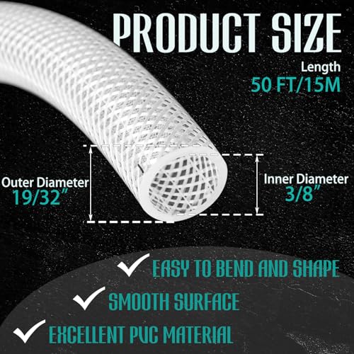 3/8" ID x 19/32" Od x 50 ft Braided PVC Tubing Reinforced Clear Vinyl Hose, Heavy Duty Flexible High Pressure PVC Braided Hose for Water Home Garden Aquarium Washing
