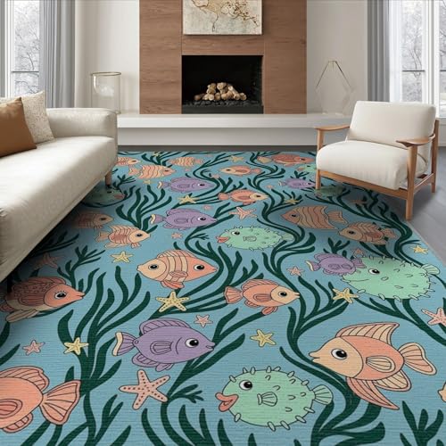 8'x10' Washable Kawaii Fish Large Rug, Green Non-Shedding Pet Friendly Carpet Foldable Easy Care Mat for King Size Bedroom, Master Suite, Under Bed | Ref:1886846 - color: Blue/Pattern 48, size: 8' x 10' (Rectangular)