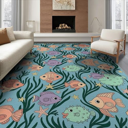 8'x10' Washable Kawaii Fish Large Rug, Green Non-Shedding Pet Friendly Carpet Foldable Easy Care Mat for King Size Bedroom, Master Suite, Under Bed | Ref:1886846 - color: Blue/Pattern 48, size: 8' x 10' (Rectangular)