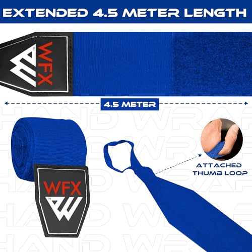 WFX Boxing Hand Wraps 3.5 4.5 Meter Martial Arts Bandages Inner Gloves Wrist Support Straps Punching Under Hand Knuckles Heavy Elasticated Training Bag Mitts Muay Thai - color: Blue, size: 4.5 M