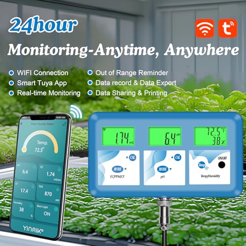 Hydroponic ppm pH Monitor, WiFi 6 in 1 pH EC Meter for Hydroponics Growing System,Continuous Monitoring pH PPM EC CF Humidity Temp of DWC Grow System Water Reservoir Tank Aeroponic Garden Aquarium - color: Blue Hydroponic Meter
