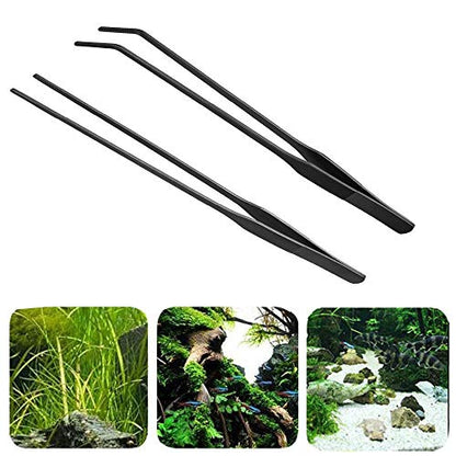 2PCS Aquarium Tweezers Stainless Steel Straight and Curved Tweezers Set Long Handle Reptile Feeding Tongs for Aquatic Plants Lizards Spider Snakes Garden Repairing - 10.6inch, Black