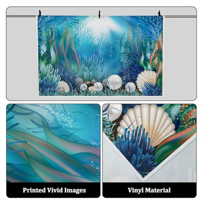 9x6ft Fairytale Undersea Pearl Shell Backdrop Deep Sea Plants Coral Pearl Mussels Underwater Mermaid's Shelter Background for Photography Happy Birthday Party Banner Baby Shower Photo Booth - size: 9x6ft