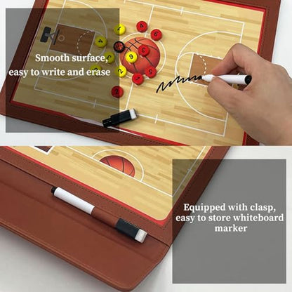 JIANNA Basketball Coach Board 12.6"x9.45" Foldable PU Dry Erase w/Magnets | 2 erasable pens + magnetic player markers
