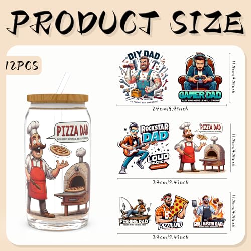 UV DTF Cup Wraps, 12 Sheets Transfer Stickers for 16oz Glass, Father's Day Super Dad Rub On Decals for Tumblers and Candlestick