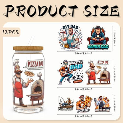 UV DTF Cup Wraps, 12 Sheets Transfer Stickers for 16oz Glass, Father's Day Super Dad Rub On Decals for Tumblers and Candlestick