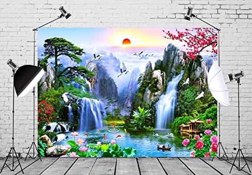 BELECO 7x5ft Fabric Fairyland Mountain Lake Photography Backdrop Waterfalls Swans Fish Flowers Dreamy Natural Landscape Painting Background Wall Murals Home Decor Kids Adults Portrait Photoshoot - size: 7x5FT