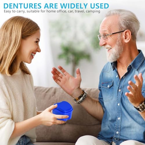 KISEER 2 Pack Colors Denture Bath Case Cup Box Holder Storage Soak Container with Strainer Basket for Travel Cleaning (White and Blue) - color: White and Blue