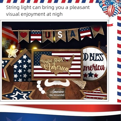 18 Pcs 4th of July Tiered Tray Decor Set - Patriotic Wooden Signs with Rustic Farmhouse Stars, Red White Blue Centerpieces for Independence Day Table & Mantel Decor(No Tray) - size: 7.1"