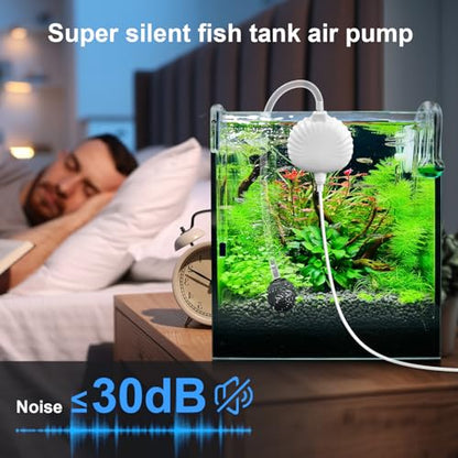 Small Aquarium Air Pump for Fish Tank Up to 15 Gallon | Quiet, Ultra Silent, 1.3W, Kit with Air Stone Tubing Hook