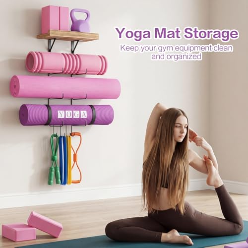 Bikoney Yoga Mat Holder Wall Mount Yoga Mat Storage Home Gym Accessories with Wood Floating Shelves and 4 Hooks for Hanging Foam Roller and Resistance Bands Fitness Home Gym Carbonized Black - color: Carbonized Black