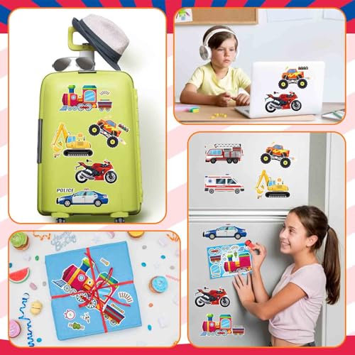 DUJAA 24 Sheets Vehicle Stickers for Kids, Make Your Own Police Car, Ambulance, Truck, Train, Motorcycles Engineering Vehicle Stickers for Toddlers, Brithday Party Supplies Classroom Teacher Reward - style: Vehicle