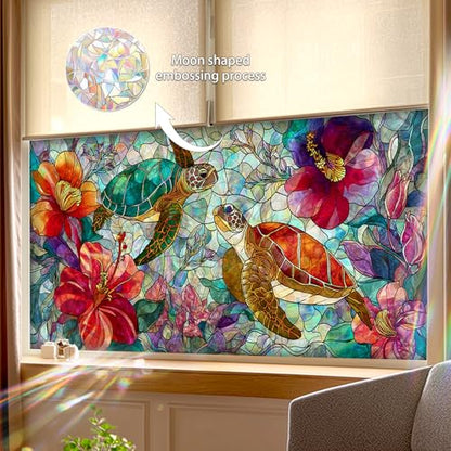 Window Film Sea Turtle Tropical Flower Design PVC Privacy Window Film for Glass Panels 39.3x17.7 Inches Bathroom Living Room Stained Glass Windows Film Static Cling Decorative Home Decor