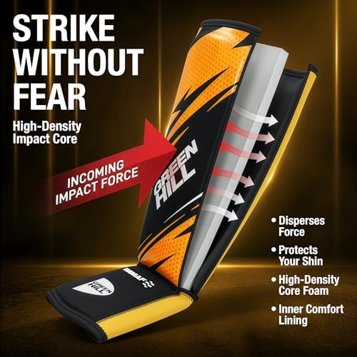 Green Hill IMMAF Shin Guards for MMA, Muay Thai & Kickboxing - color: Black/Golden, size: Large