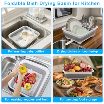 Collapsible Dish Drying Rack with Drain Plug Tube, Portable Dish Drainers for Kitchen Counter, Folding Dish Rack Over Sink Drying Dinnerware,Kitchen Sink Organizer Travel Trailer RV Camping Essentials