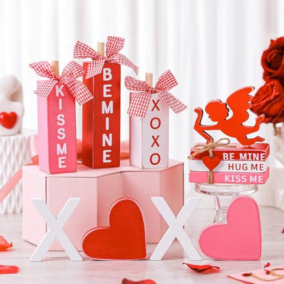 11 Pcs Valentine's Day Table Decorations XOXO Tiered Tray Decor Love Centerpiece Pink Wooden Books Home Table Top Decor for Wedding Party Supplies - style: Xoxo