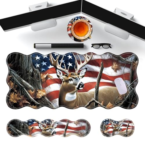 Large Gaming Mouse Pad, Keyboard Wrist Rest Pad & Wrist Support Mousepad Set, Stitched Edge, Extended, Non-Slip Base, Memory Foam Desk Mat for Office, Home,Deer Tree Forest American Flag - color: Deer Tree Forest American Flag