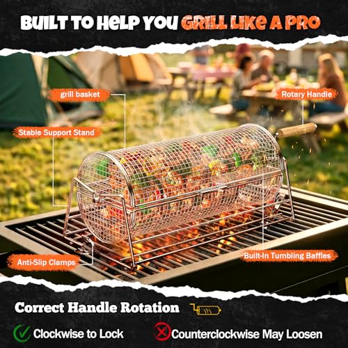 2-in-1 Rolling Grill Basket with Dual Handles, 304 Stainless Steel Rotatable BBQ Basket with Crank Handle & Straight Grip Handle, Grill Net for Vegetables, Shrimp & More, Gift Idea for Men, Dad, Husband