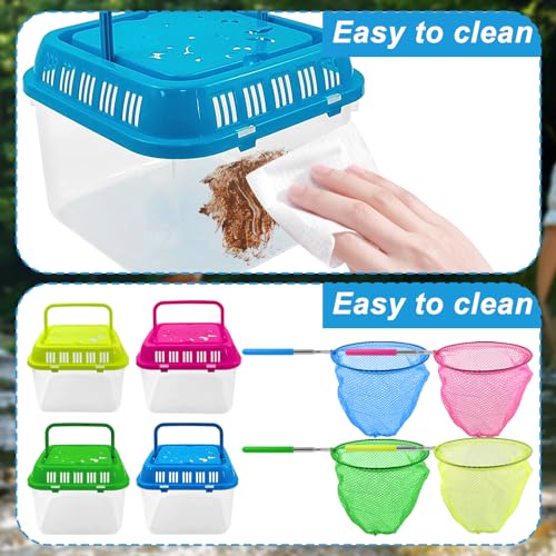 4Sets Catch Plastic Beach Aquarium Kit,Great Concept for Catching and Release,Clear and Transparent Portable Handheld Tank with Retractable net Bag for Beach, Pool and Lake